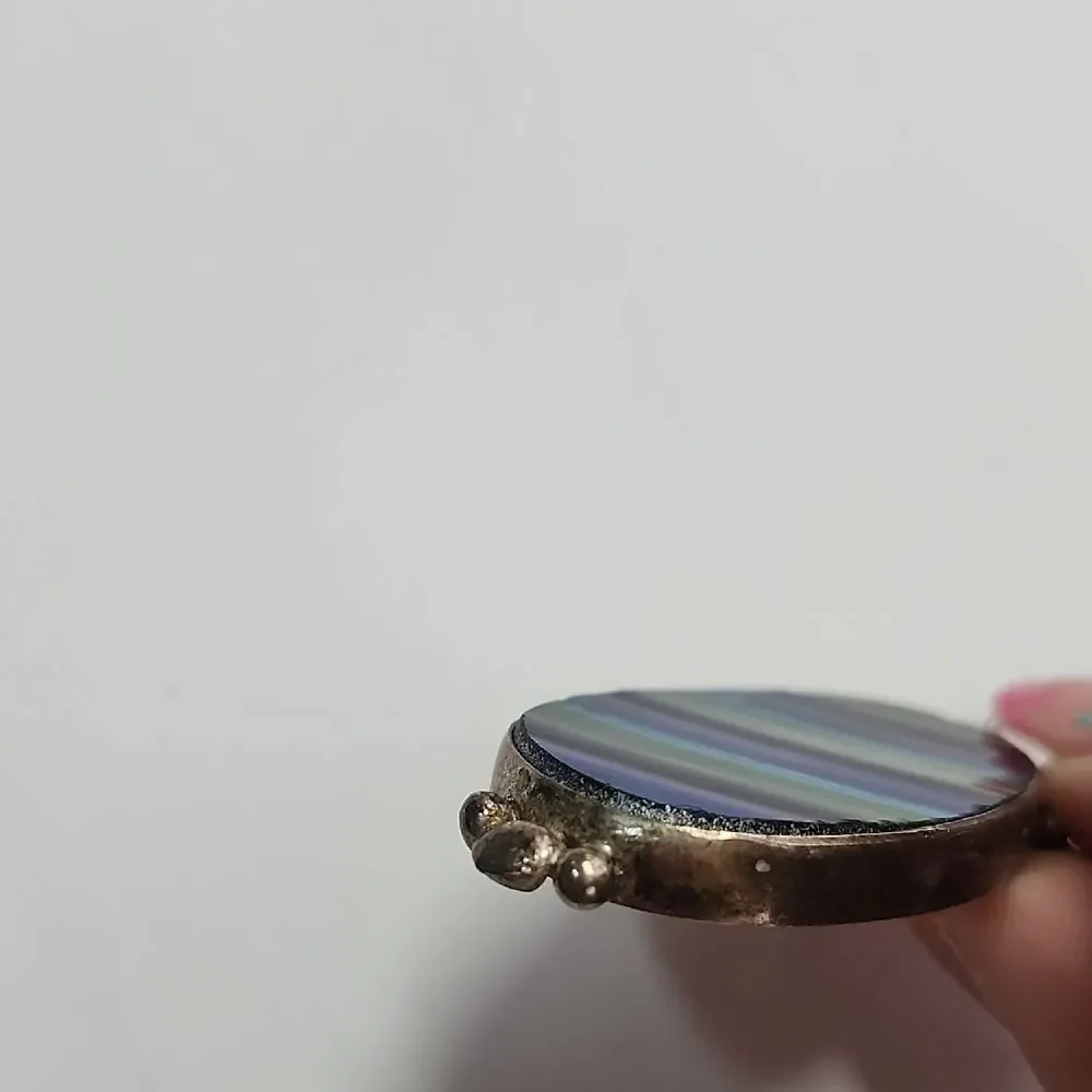 Blue Green Striped Glass Sterling Silver Pendant  925